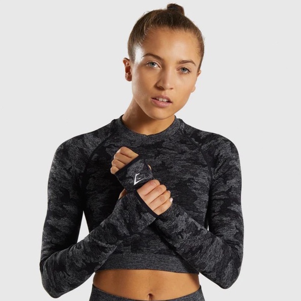 Gymshark Camo Seamless Long Sleeve Crop Top - Black